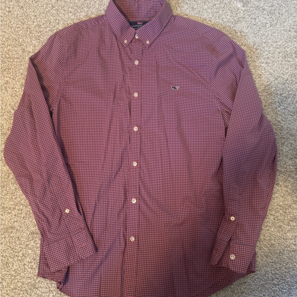 Vineyard Vines Men's Pink and Blue Checkered Slim Fit Whale Shirt